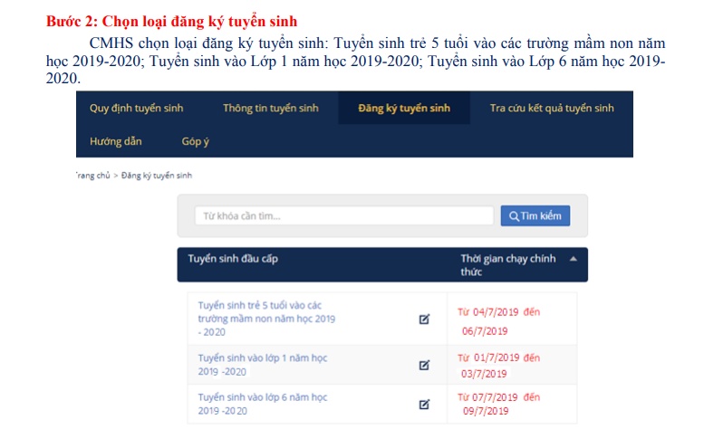 huong dan dang ky tuyen sinh truc tuyen vao mam non lop 1 va lop 6