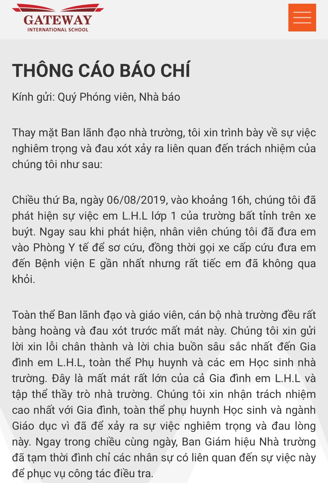 Trường Gateway đình chỉ nhân sự liên quan vụ học sinh tử vong trên xe đưa đón truong gateway dinh chi nhan su lien quan vu hoc sinh tu vong tren xe dua don