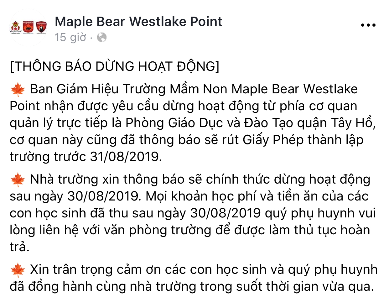 Mầm non "nhốt trẻ vào tủ đồ" thông báo dừng hoạt động mam non maple bear westlake point thong bao dung hoat dong