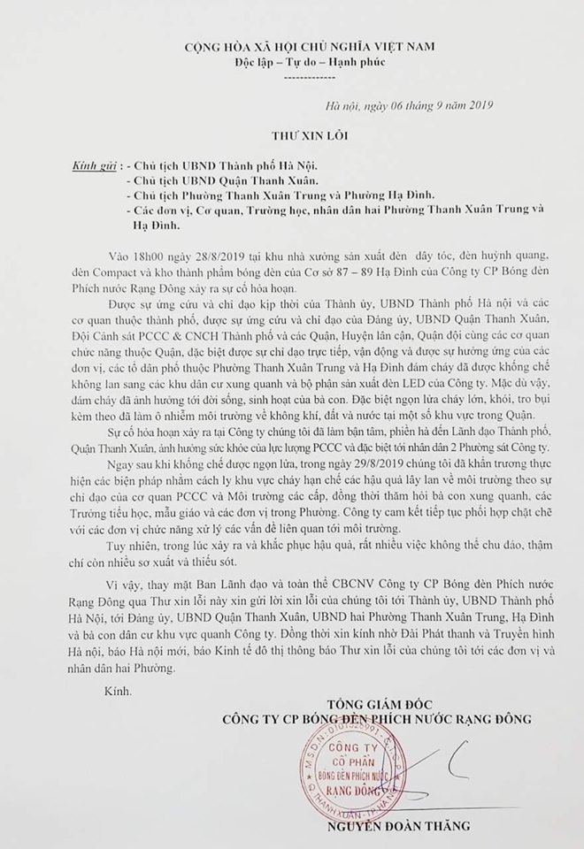 Tròn 10 ngày sau vụ cháy, công ty Rạng Đông lên tiếng xin lỗi người dân tron 10 ngay sau vu chay cong ty rang dong len tieng xin loi nguoi dan