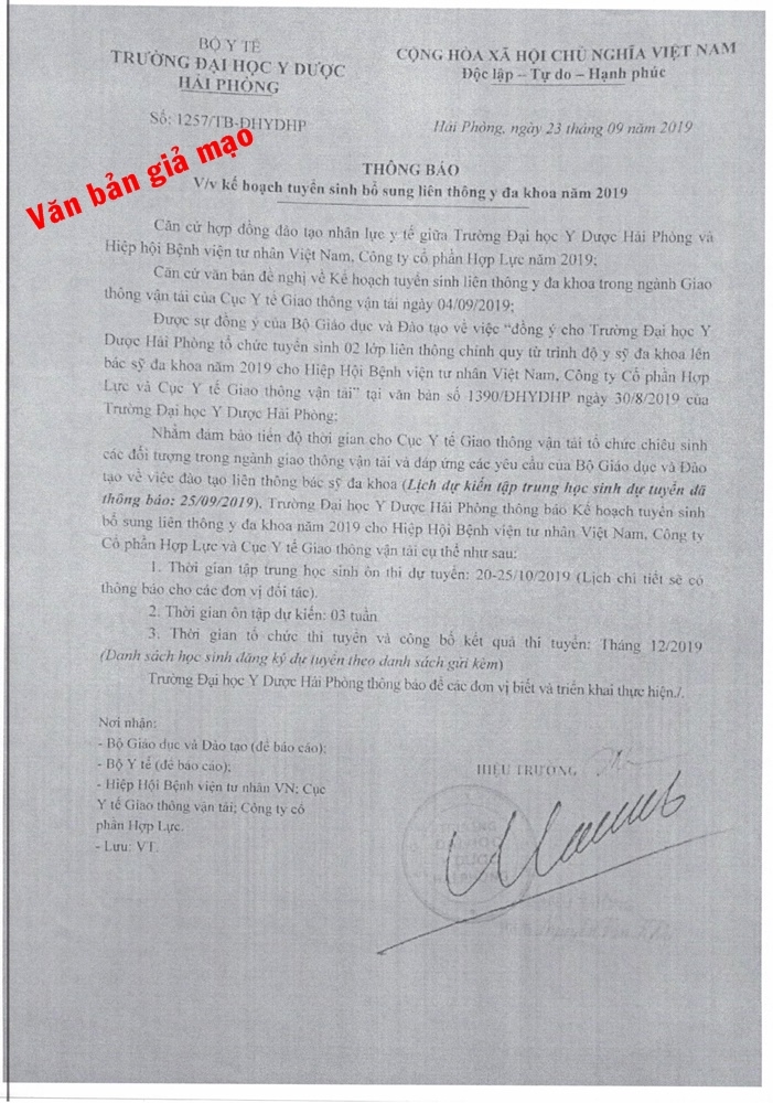 Văn bản giả mạo Đại học Y dược Hải Phòng xét tuyển bổ sung năm 2019 van ban gia mao dai hoc y duoc hai phong xet tuyen bo sung nam 2019