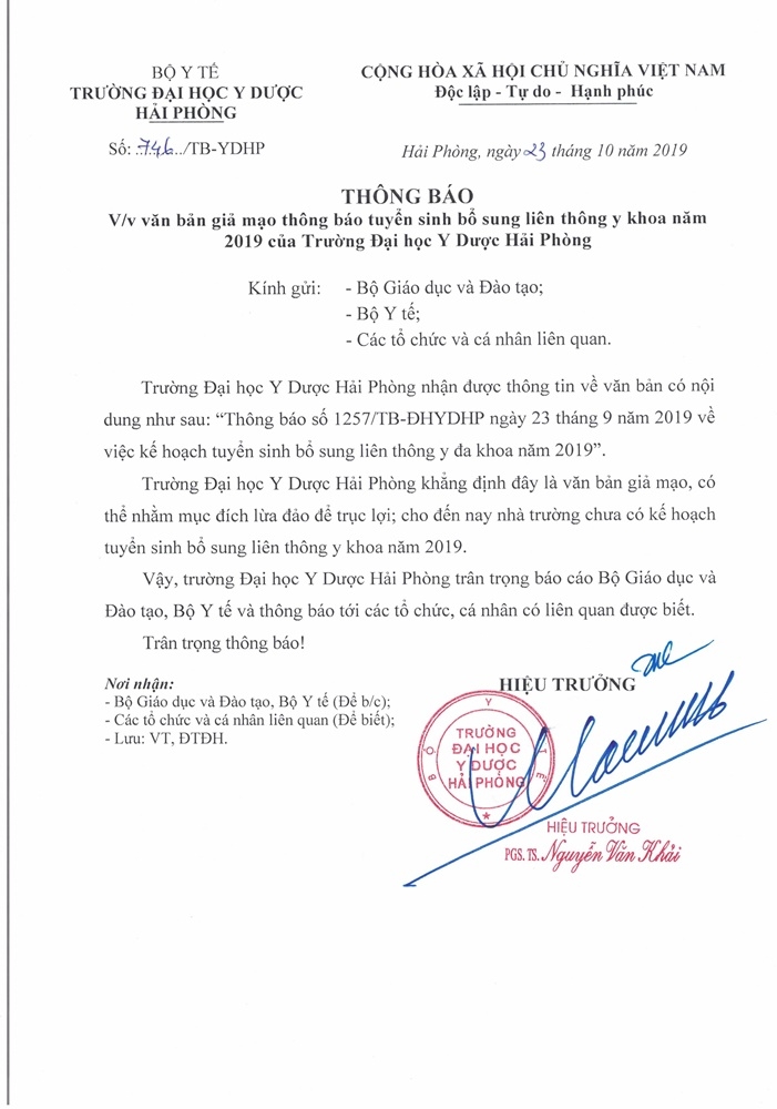 Văn bản giả mạo Đại học Y dược Hải Phòng xét tuyển bổ sung năm 2019 van ban gia mao dai hoc y duoc hai phong xet tuyen bo sung nam 2019