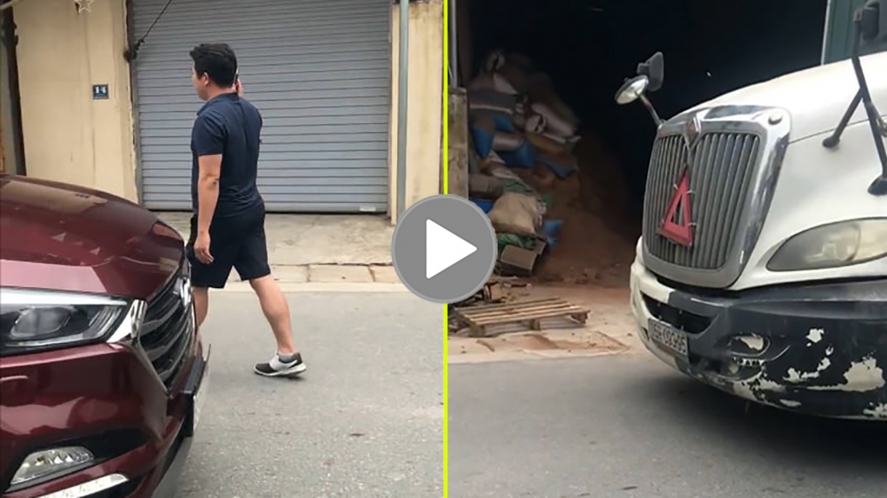Tự nhận là công an, ngồi giữa đường chặn đầu xe Container Tự nhận là công an, ngồi giữa đường chặn đầu xe Container