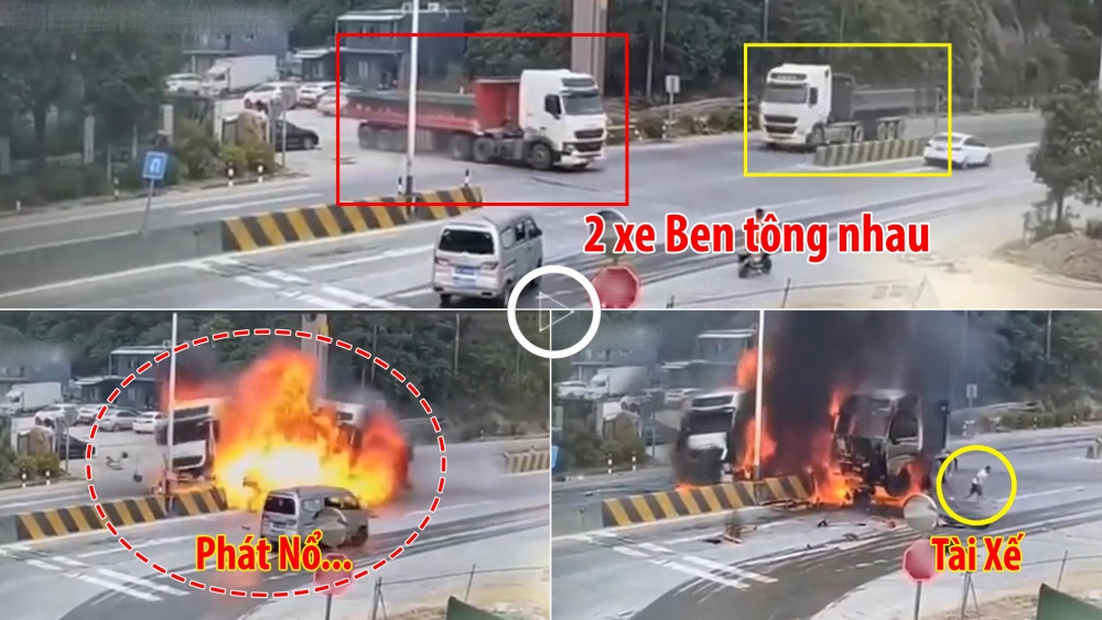 Khoảnh khắc 2 xe Ben tông nhau phát nổ, tài xế nhảy ra khỏi ‘biển lửa’ Khoảnh khắc 2 xe Ben tông nhau phát nổ, tài xế nhảy ra khỏi ‘biển lửa’