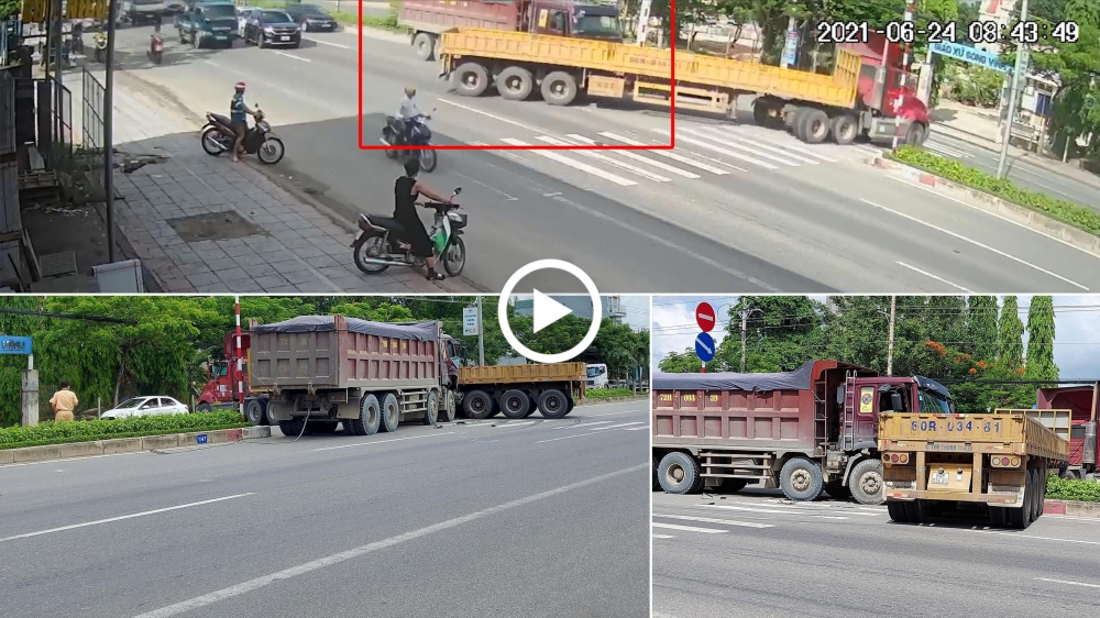 Khoảnh khắc xe ben tông ngang xe container đang sang đường Khoảnh khắc xe ben tông ngang xe container đang sang đường