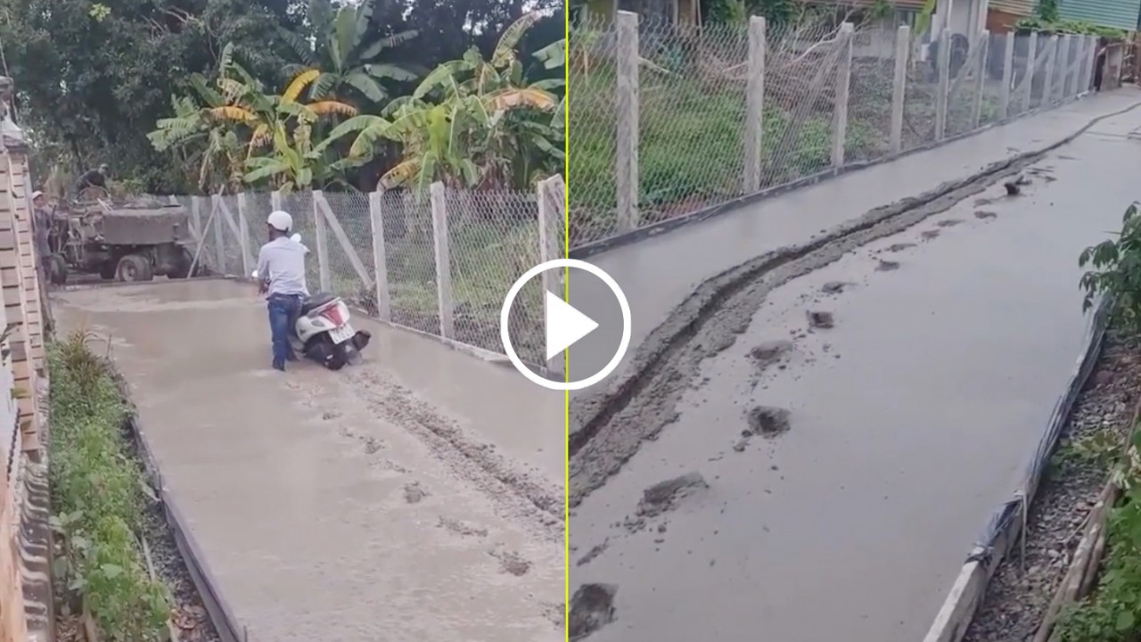 Người đàn ông lao thẳng xe máy lên đường mới đổ bê tông Người đàn ông lao thẳng xe máy lên đường mới đổ bê tông