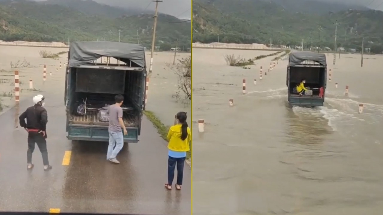 Năng lượng tích cực: Tài xế giúp đỡ em học sinh đi xe đạp qua dòng nước lũ Năng lượng tích cực: Tài xế giúp đỡ em học sinh đi xe đạp qua dòng nước lũ