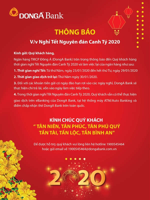 Lịch nghỉ Tết Nguyên đán 2020 Ngân hàng Đông Á: Tiền đáo hạn được tính thế nào? lich nghi tet nguyen dan 2020 ngan hang dong a tien dao han duoc tinh the nao