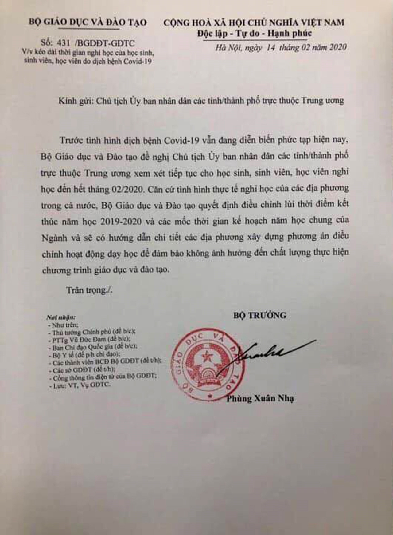 Bộ GD&ĐT đề xuất cho học sinh nghỉ hết tháng 2 để phòng dịch Covid-19 bo gddt de xuat cho hoc sinh nghi het thang 2 de phong dich covid 19