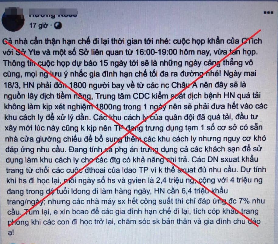 Xử lý 2 tài khoản Facebook tung tin Hà Nội sắp "vỡ trận" Covid-19 xu ly 2 tai khoan facebook tung tin ha noi sap vo tran covid 19