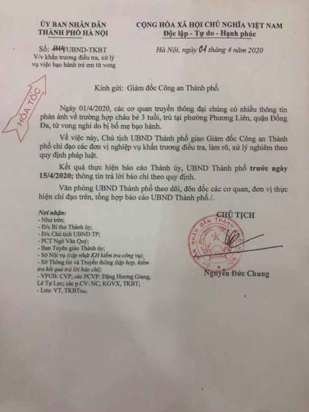 Chủ tịch Hà Nội chỉ đạo điều tra vụ cháu bé 3 tuổi nghi bị mẹ và bố dượng bạo hành tử vong chu tich ha noi chi dao dieu tra vu chau be 3 tuoi nghi bi me va bo duong bao hanh tu vong