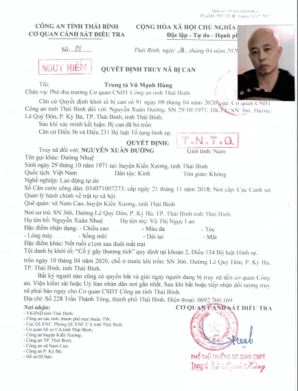 Truy nã Nguyễn Xuân Đường, chồng nữ đại gia bất động sản Thái Bình truy na nguyen xuan duong chong nu dai gia bat dong san thai binh