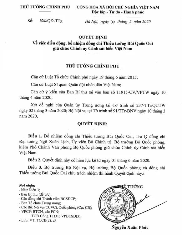 Thiếu tướng Bùi Quốc Oai được bổ nhiệm làm Chính ủy Cảnh sát biển Việt Nam thieu tuong bui quoc oai duoc bo nhiem lam chinh uy canh sat bien viet nam