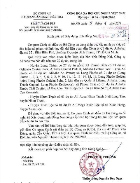 Bộ Công an điều tra 29 dự án liên quan đến Công ty Alibaba ở Đồng Nai bo cong an dieu tra 29 du an lien quan den cong ty alibaba o dong nai