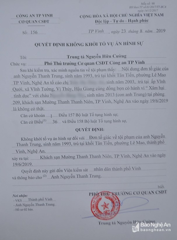 Không khởi tố vụ bố dựng chuyện con gái bị xâm hại tình dục khong khoi to vu bo dung chuyen con gai bi xam hai tinh duc
