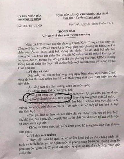 Cháy Công ty phích nước Rạng Đông: Không ăn thực phẩm nuôi, trồng bán kính 1km trong 21 ngày tới chay cong ty phich nuoc rang dong khong an thuc pham nuoi trong ban kinh 1km trong 21 ngay toi