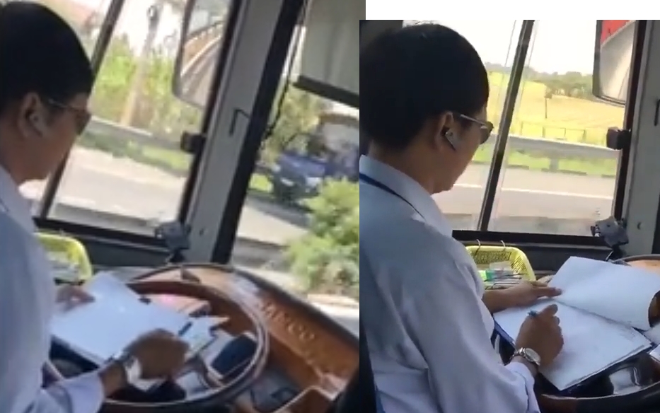 Tài xế xe khách buông tay để ghi chép giấy tờ tai xe xe khach co bien hieu tinh mang con nguoi la tren het vua lai xe vua buong tay de ghi chep giay to