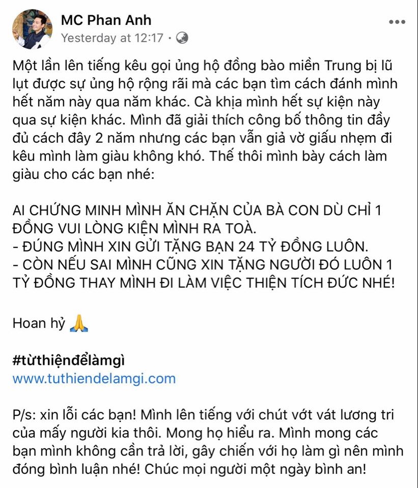 MC Phan Anh nói thưởng 24 tỉ cho người chứng minh anh ăn chặn tiền từ thiện mc phan anh noi thuong 24 ti cho nguoi chung minh anh an chan tien tu thien
