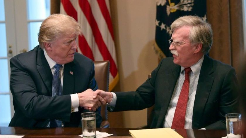 President Trump, left, with former national security advisor John Bolton in 2018 in the Cabinet Room of the White House.(Susan Walsh / Associated Press) 5151 https3a2f2fcalifornia times brightspots3amazonaws