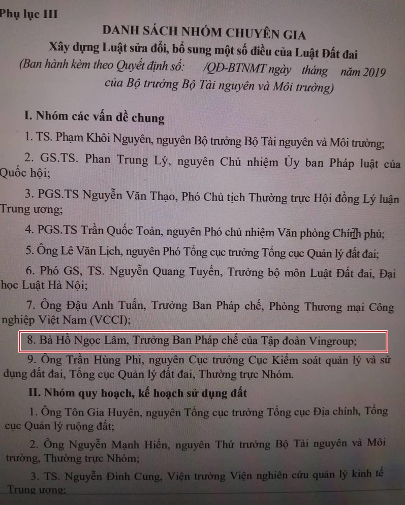 ba ho ngoc lam tham gia soan thao sua doi luat dat dai voi tu cach ca nhan hay dai dien vingroup