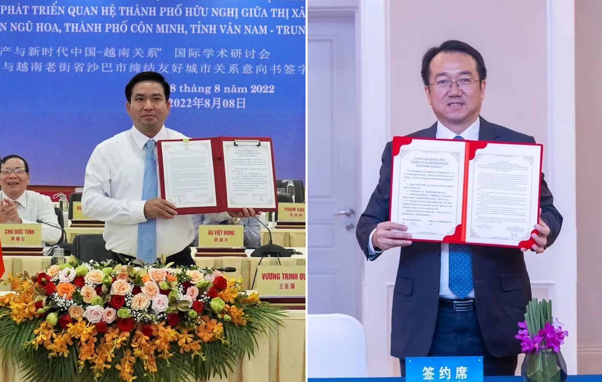 Chủ tịch Ủy ban nhân dân thị xã Sa Pa Vương Trinh Quốc và Quận trưởng quận Ngũ Hoa Lý Lượng ký Ý hướng thư thiết lập quan hệ hữu nghị.
