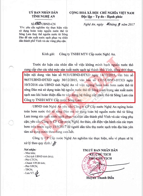 "Chống" lệnh UBND tỉnh, Công ty cấp nước Nghệ An ngang nhiên bơm nước sông Đào? tinh uy uy ban ra lenh cam cong ty cap nuoc nghe an van ngang nhien bom nuoc song dao