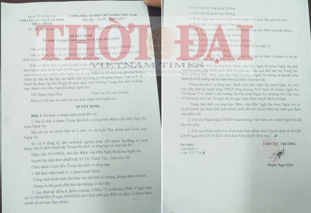 Bếp ăn Bệnh viện HNĐK Nghệ An bị xử phạt về an toàn thực phẩm xu phat trung tam dich vu tong hop benh vien hndk nghe an vi pham quy dinh ve an toan thuc pham