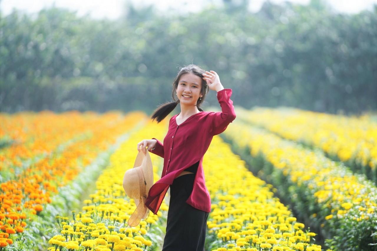 Tourists visit the flower gardens at Tan My Chanh flower village. Photo: TSTourist Tourists visit the flower gardens at Tan My Chanh flower village. Photo: TSTourist