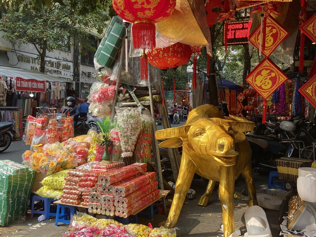 Before Tet which peaks on Feb. 12 this year, stores in the Old Quarter sell many buffalo-shaped items since 2021 is the Year of the Buffalo. Here, an eye catching golden buffalo stands in front of a shop on Hang Ma Street, alongside faux flowers and foam decorations. The buffalo is made entirely of foam, covered with golden paint and nearly the size of a real animal. The vendor said the buffalo was made for display, but he could sell it for VND10 million ($434). (Photo: VnExpress) 3059 ct1 1612157685