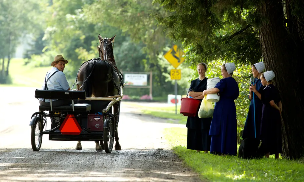 A horse-drawn cart in Morris passes women wearing traditional white bonnets. Photograph: Dan Callister 1228-4391