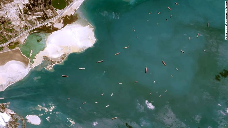 Ships blocked from getting through the Suez Canal wait in Great Bitter Lake on Thursday. (Photo: CNN) 1920-210326085515-03-suez-canal-anchored-ships-0325-exlarge-169