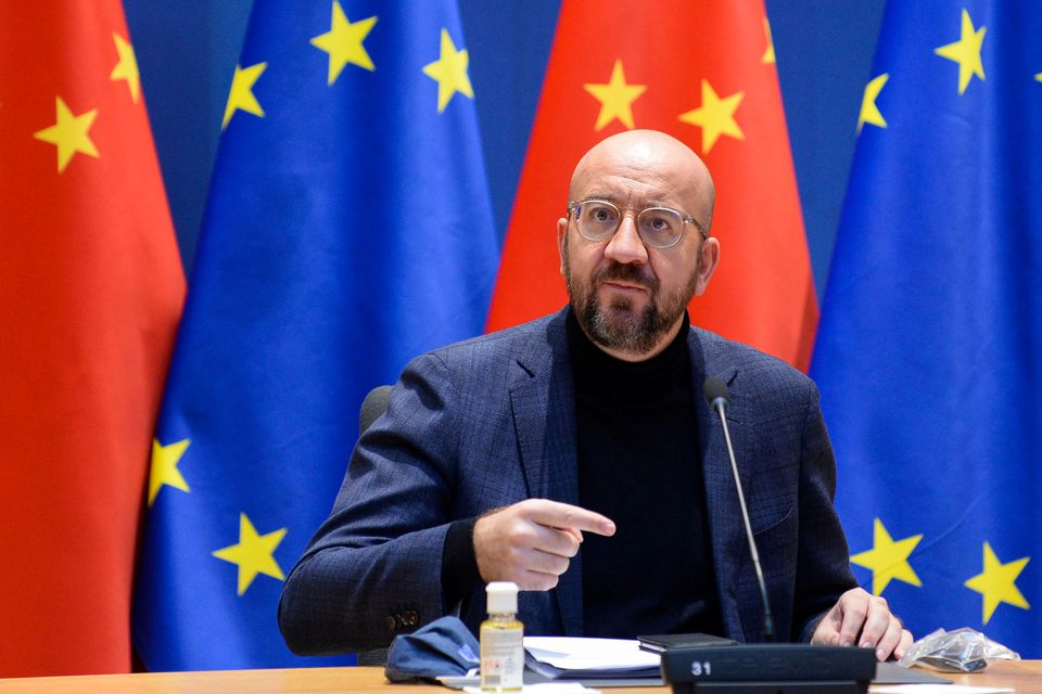 European Council President Charles Michel gestures during a video conference with European Commission President Ursula von der Leyen, German Chancellor Angela Merkel, French President Emmanuel Macron and Chinese President Xi Jinping, in Brussels, Belgium December 30, 2020. REUTERS/Johanna Geron/Pool/File Photo European Council President Charles Michel gestures during a video conference with European Commission President Ursula von der Leyen, German Chancellor Angela Merkel, French President Emmanuel Macron and Chinese President Xi Jinping, in Brussels, Belgium December 30, 2020. REUTERS/Johanna Geron/Pool/File Photo