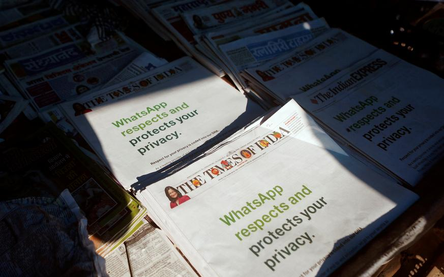 A WhatsApp advertisement is seen on the front pages of newspapers at a stall in Mumbai, India, January 13, 2021. (Photo: CNN) A WhatsApp advertisement is seen on the front pages of newspapers at a stall in Mumbai, India, January 13, 2021. (Photo: CNN)