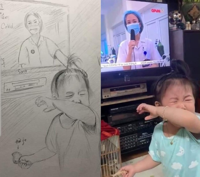 The little girl cried when she saw her mother, Phung Thi Hanh (28 year olds and is a nurse at 103 Military Hospital) on TV has drawn attention from the social media. A lot of people has potrayed this touching image with lovely sketches. Photo: FB. The little girl cried when she saw her mother, Phung Thi Hanh (28 year olds and is a nurse at 103 Military Hospital) on TV has drawn attention from the social media. A lot of people has potrayed this touching image with lovely sketches. Photo: FB.