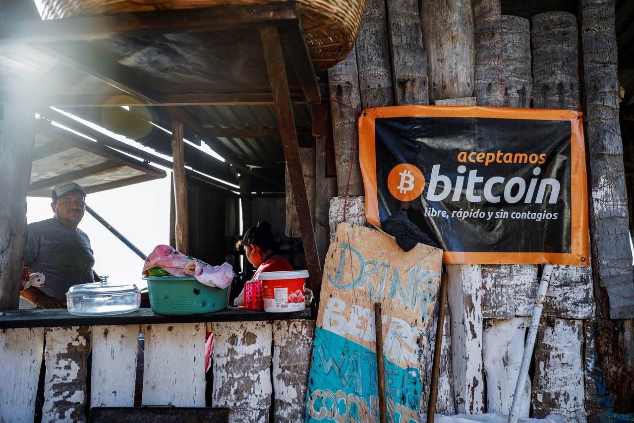 A banner that reads El Salvador to adopt bitcoin as legal tender