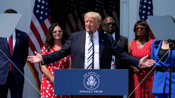 Former President Donald Trump speaks at Trump National Golf Club in Bedminster, N.J., Wednesday, July 7, 2021. Seth Wenig | AP Former President Donald Trump speaks at Trump National Golf Club in Bedminster, N.J., Wednesday, July 7, 2021. Seth Wenig | AP