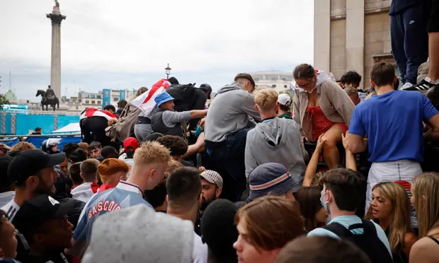 Fans at the security barriers for the fan zone screen in London’s Trafalgar Square. Photograph: Tolga Akmen/AFP/Getty Images Fans at the security barriers for the fan zone screen in London’s Trafalgar Square. Photograph: Tolga Akmen/AFP/Getty Images