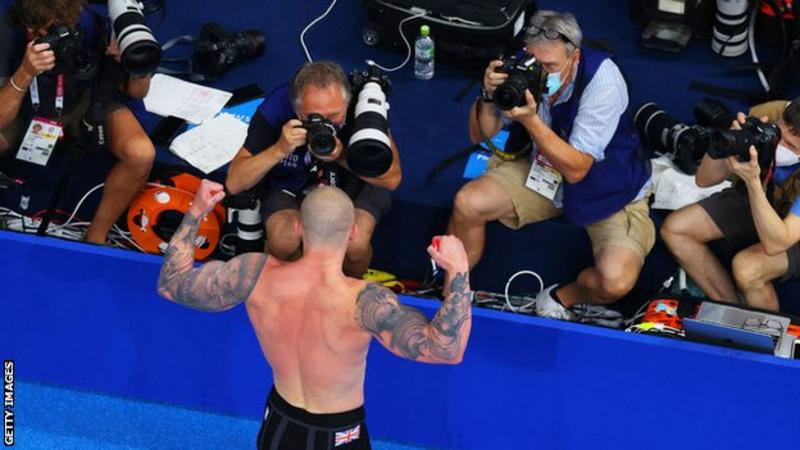 Peaty posed in front of photographers after his gold medal-winning swim. Photo: Getty Images Peaty posed in front of photographers after his gold medal-winning swim. Photo: Getty Images