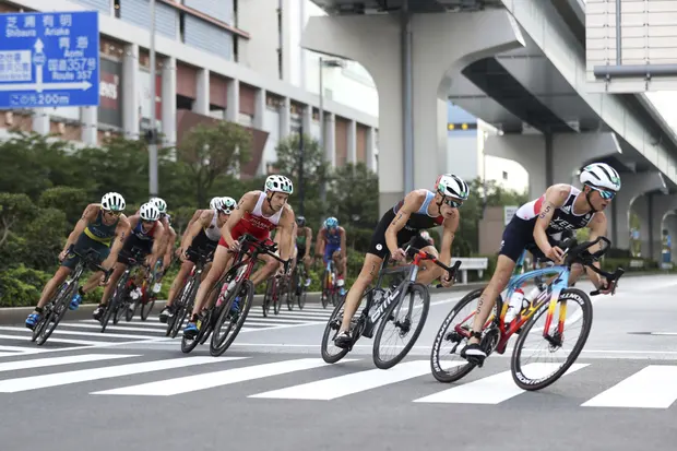 Alex Yee leads the way during the cycling phase of the race. Photograph: Cameron Spencer/AP Alex Yee leads the way during the cycling phase of the race. Photograph: Cameron Spencer/AP