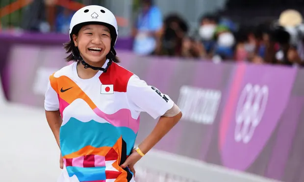 Momiji Nishiya of Japan reacts during Monday’s competition at Ariake Urban Sports Park. Photograph: Lucy Nicholson/Reuters Momiji Nishiya of Japan reacts during Monday’s competition at Ariake Urban Sports Park. Photograph: Lucy Nicholson/Reuters