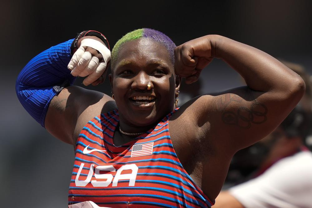Raven Saunders, of United States, reacts during the woman's shot put final at the 2020 Summer Olympics, Sunday, Aug. 1, 2021, in Tokyo. (AP Photo/Martin Meissner) Raven Saunders, of United States, reacts during the woman's shot put final at the 2020 Summer Olympics, Sunday, Aug. 1, 2021, in Tokyo. (AP Photo/Martin Meissner)