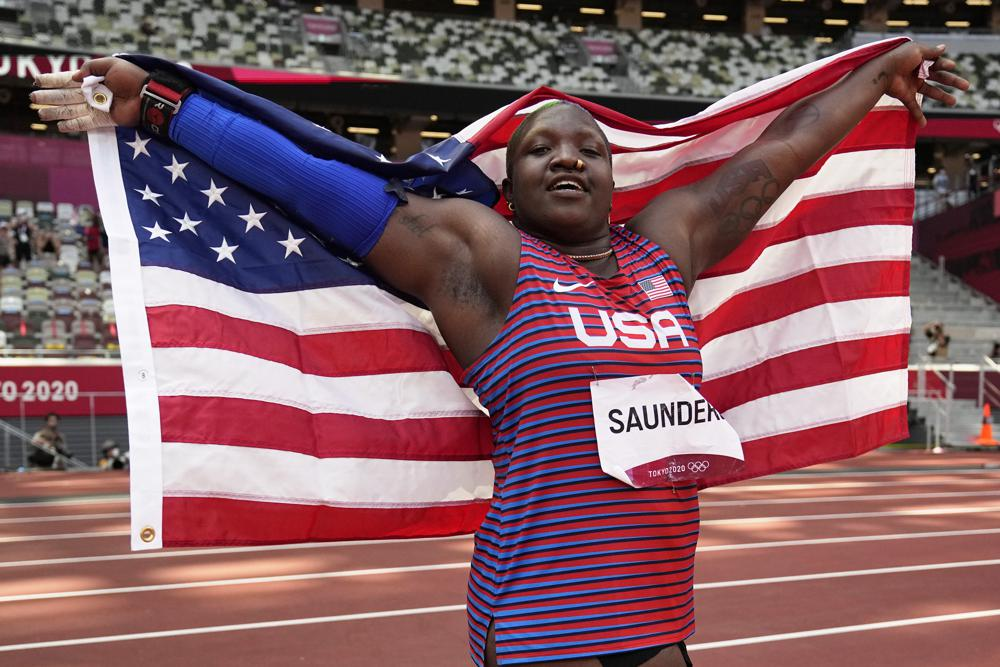 Raven Saunders, of United States, celebrates after her second place finish in the final of the women's shot put at the 2020 Summer Olympics, Sunday, Aug. 1, 2021, in Tokyo. (AP Photo/David J. Phillip) Raven Saunders, of United States, celebrates after her second place finish in the final of the women's shot put at the 2020 Summer Olympics, Sunday, Aug. 1, 2021, in Tokyo. (AP Photo/David J. Phillip)
