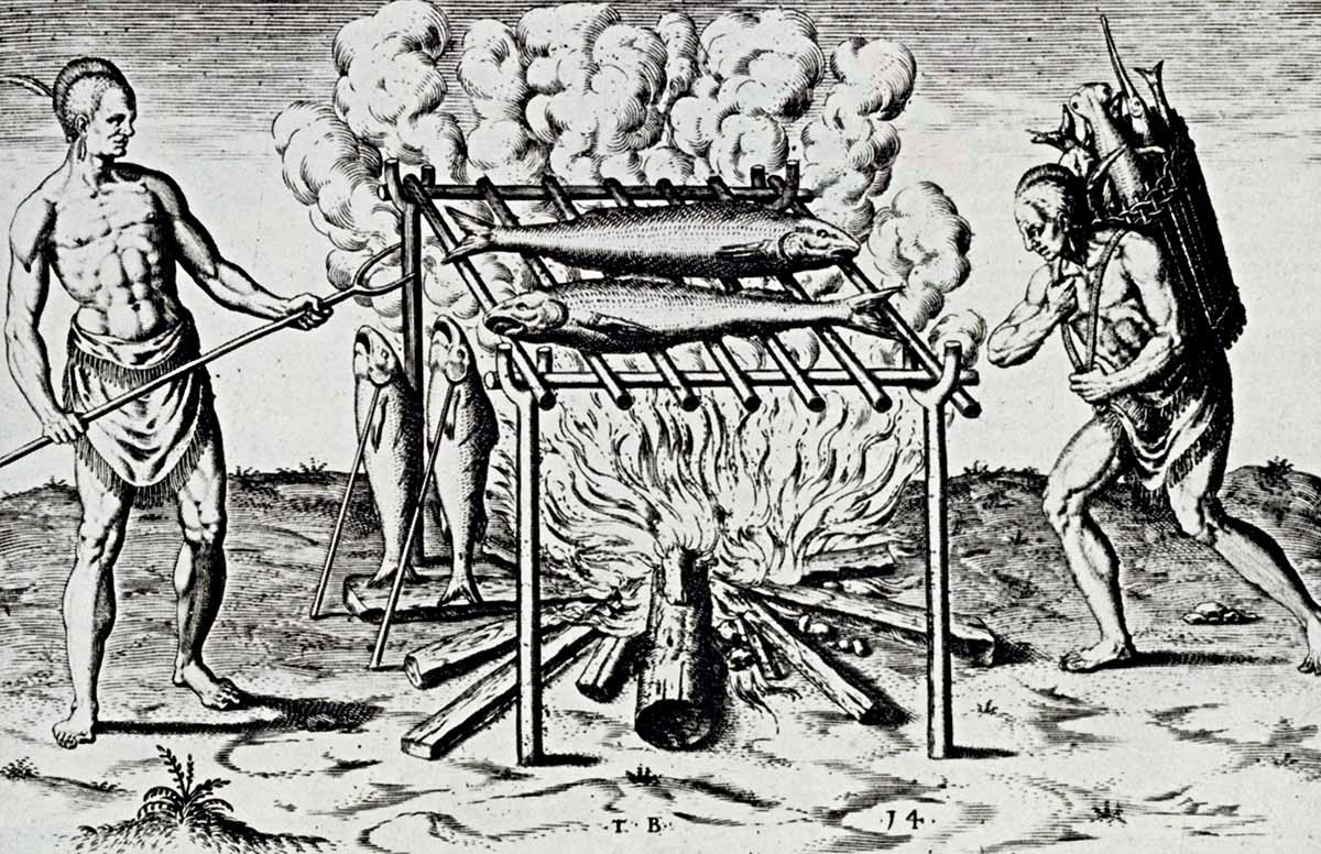 Native Americans cook fish in an engraving from A brief and true Report of the New Found Land of Virginia by Thomas Harriot, 1590 © Bridgeman Images Native Americans cook fish in an engraving from A brief and true Report of the New Found Land of Virginia by Thomas Harriot, 1590 © Bridgeman Images