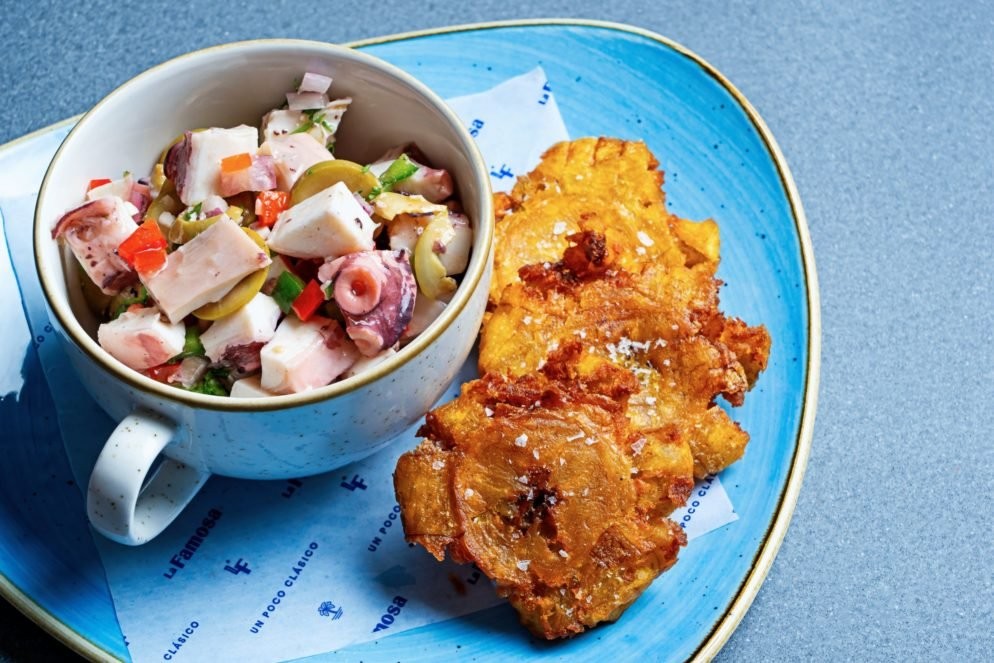 La Famosa’s octopus, shrimp, and scallop salad with tostones. Photograph by Scott Suchman La Famosa’s octopus, shrimp, and scallop salad with tostones. Photograph by Scott Suchman