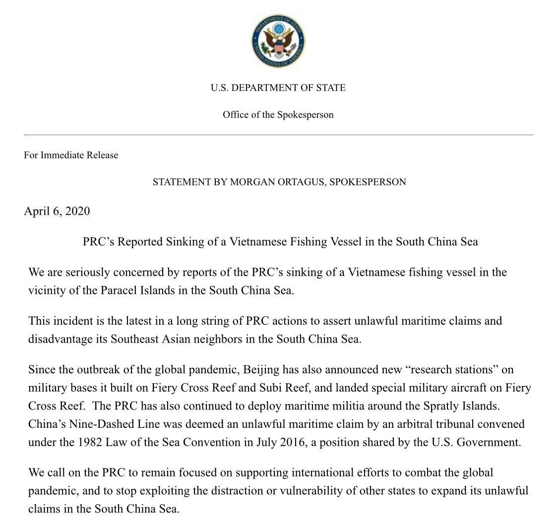 US seriously concerned over East Sea situation after Vietnamese ship sunk by China us seriously concerned over east sea situation after vietnamese ship sunk by china