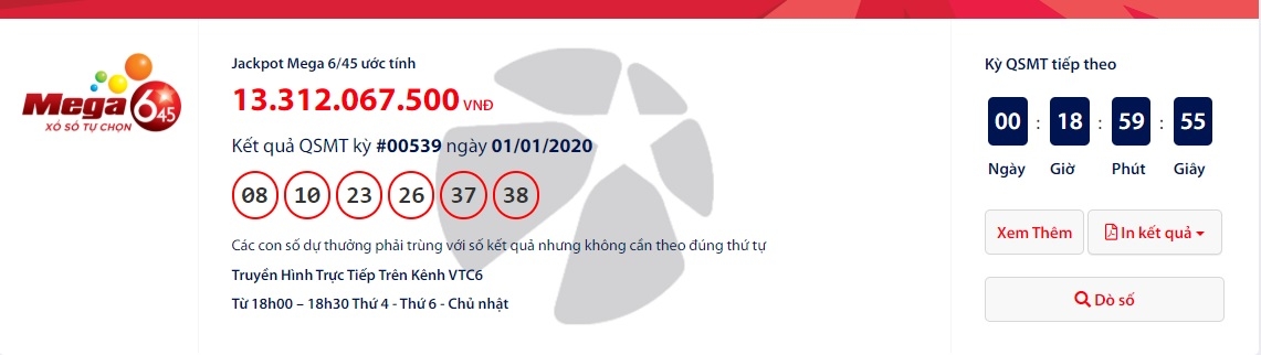 Kết quả xổ số Vietlott Mega 6/45 tối ngày 3/1/2020: Tìm ket qua xo so vietlott mega 645 toi ngay 312020 tim ti phu vietlott am hon 13 ti dong dau tien cua nam moi 2020