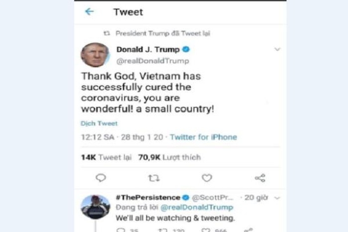 Tổng thống Donald Trump dành lời khen Việt Nam sau khi chữa thành công một bệnh nhân nhiễm virus corona? tong thong donald trump danh loi khen viet nam sau khi chua thanh cong mot benh nhan nhiem virus corona