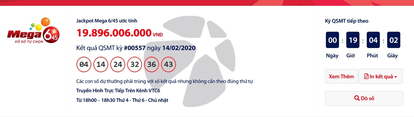 Kết quả xổ số Vietlott Mega 6/45 tối ngày 16/2/2020 mới nhất: Ai trúng hơn 19 tỉ đồng? ket qua xo so vietlott mega 645 toi ngay 1622020 moi nhat lai xit hon 19 ti dong