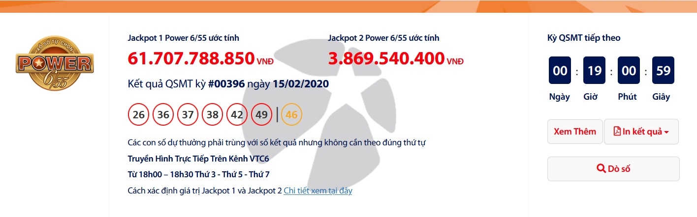 Kết quả xổ số Vietlott Power 6/55 tối ngày 18/2/2020 mới nhất: Tìm người trúng hơn 64 tỉ đồng? ket qua xo so vietlott power 655 toi ngay 1822020 moi nhat tim nguoi trung hon 64 ti dong