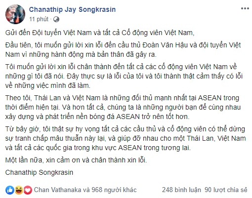 "Messi Thái Lan" bất ngờ xin lỗi vì "đá đểu" Văn Hậu trên Facebook messi thai lan bat ngo xin loi vi da deu van hau tren facebook